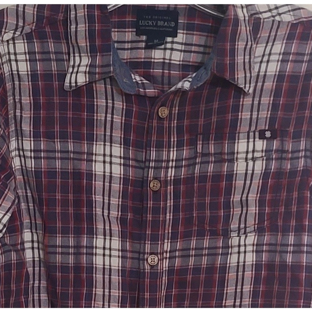 Lucky Brand Mens Plaid Button Down Shirt Red Navy Blue Long Sleeve Roll Tab M